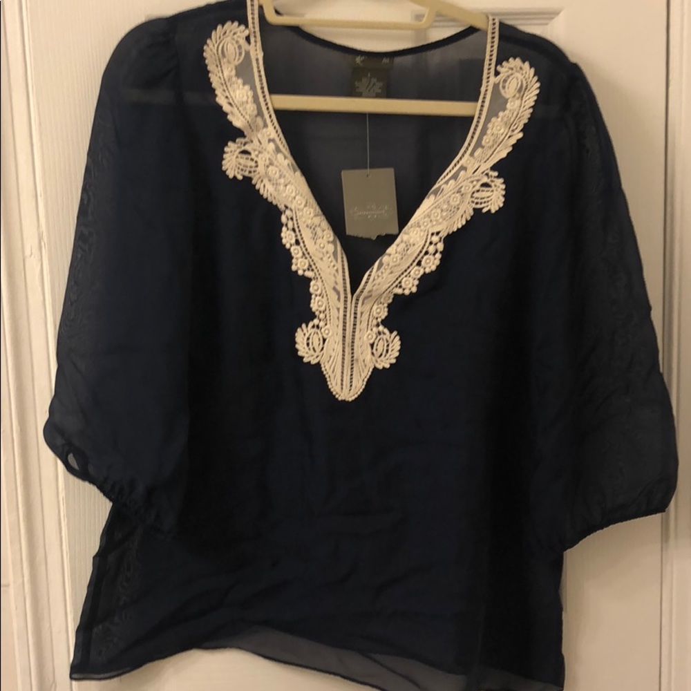 Chiffon navy with cream embroidery top